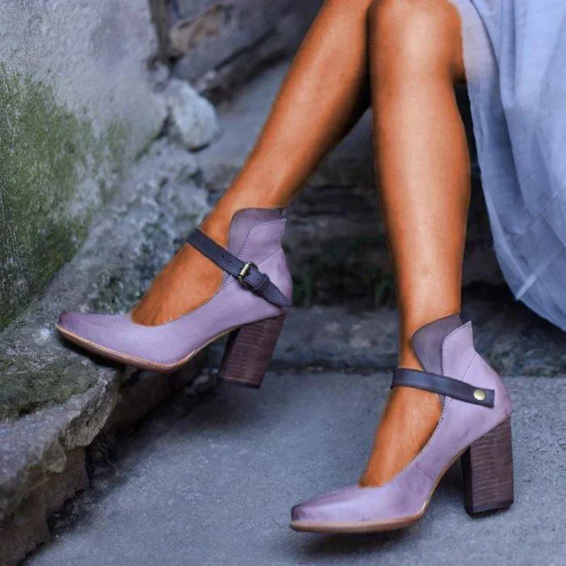 Dominique | Women's Elegant Block Heel Shoes - Ankle Strap - Closed Toe - Image 2