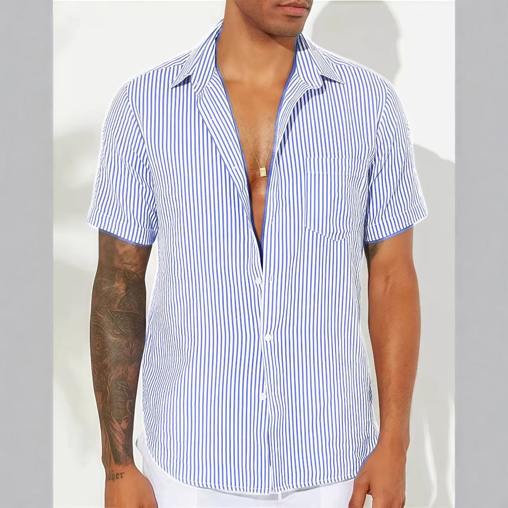 Couture-moda | Men’s Casual Shirt – Breathable Cotton Blend – Relaxed Fit – Short Sleeve – Vertical Stripes - Image 4