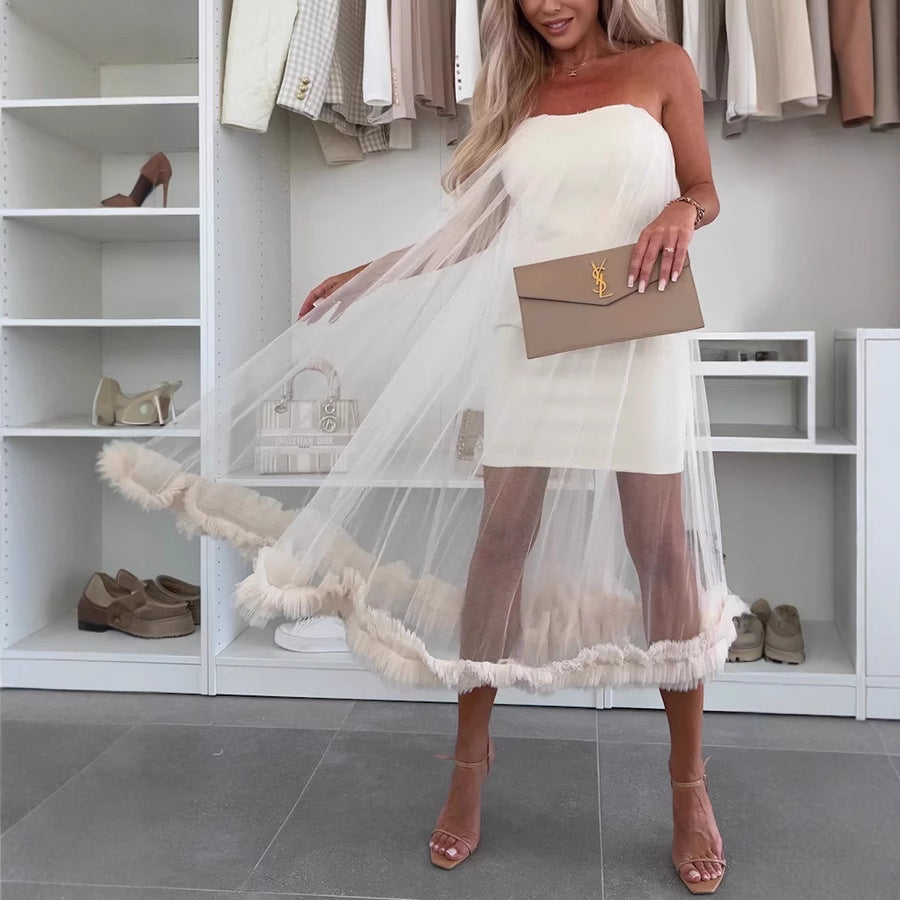 Couture-moda | Elegant Tulle Overlay Ruffle Hem Midi Dress - Image 2