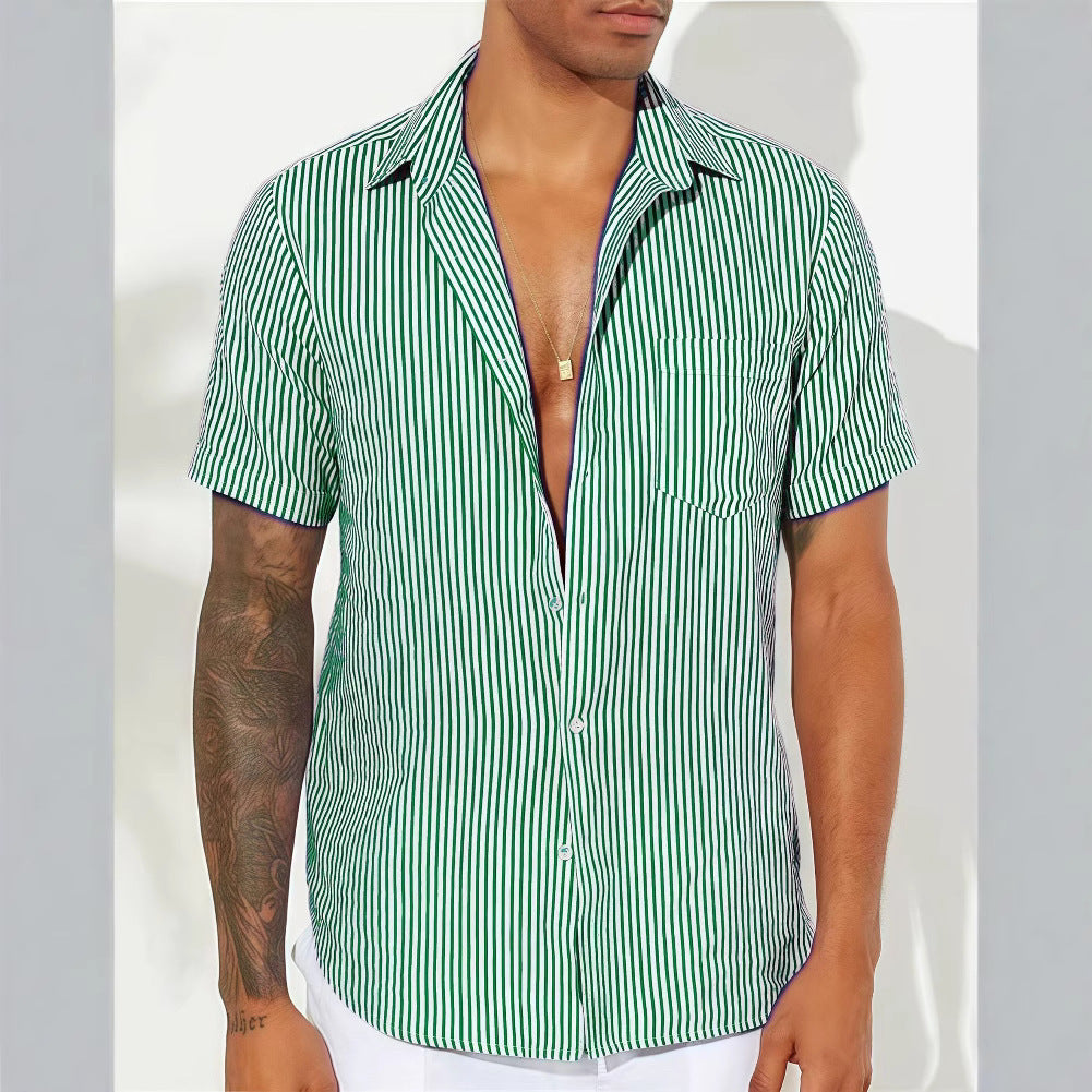 Couture-moda | Men’s Casual Shirt – Breathable Cotton Blend – Relaxed Fit – Short Sleeve – Vertical Stripes - Image 3