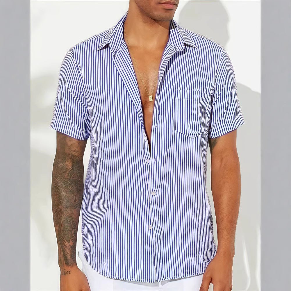 Couture-moda | Men’s Casual Shirt – Breathable Cotton Blend – Relaxed Fit – Short Sleeve – Vertical Stripes - Image 2