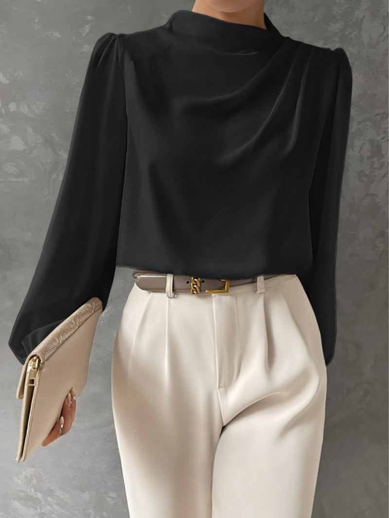 Couture-moda | Women’s Elegant Satin Blouse – Relaxed Fit – High Neck Long Sleeve Top - Image 7