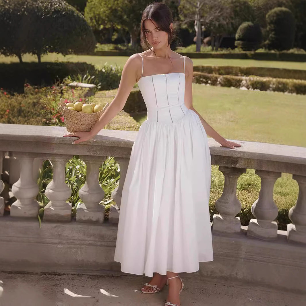 Couture-moda | Elegant Women's Midi Dress - Slim Fit, Square Neck, Spaghetti Straps - Image 2