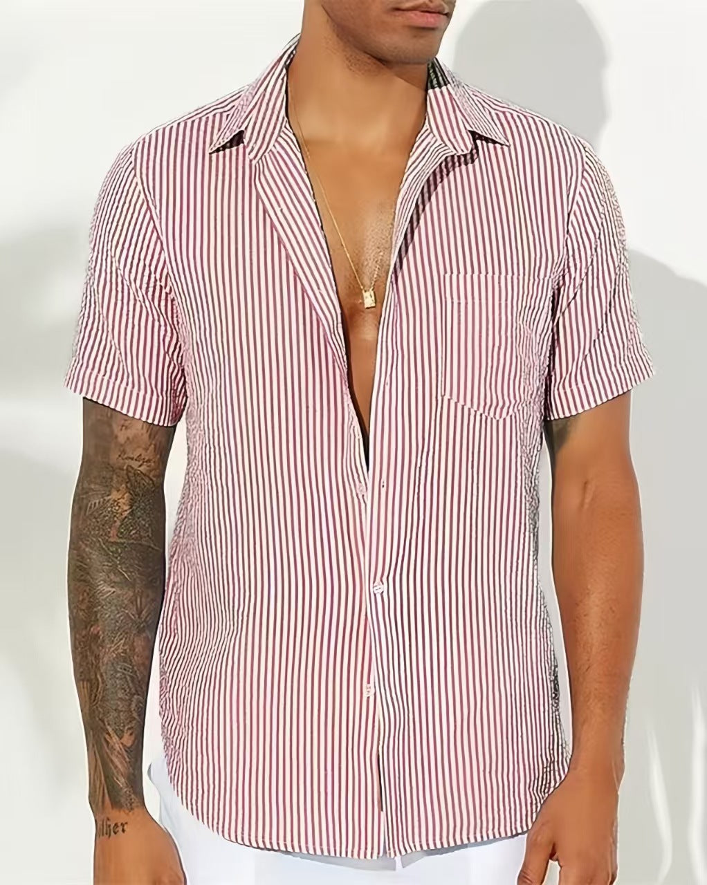 Couture-moda | Men’s Casual Shirt – Breathable Cotton Blend – Relaxed Fit – Short Sleeve – Vertical Stripes - Image 6