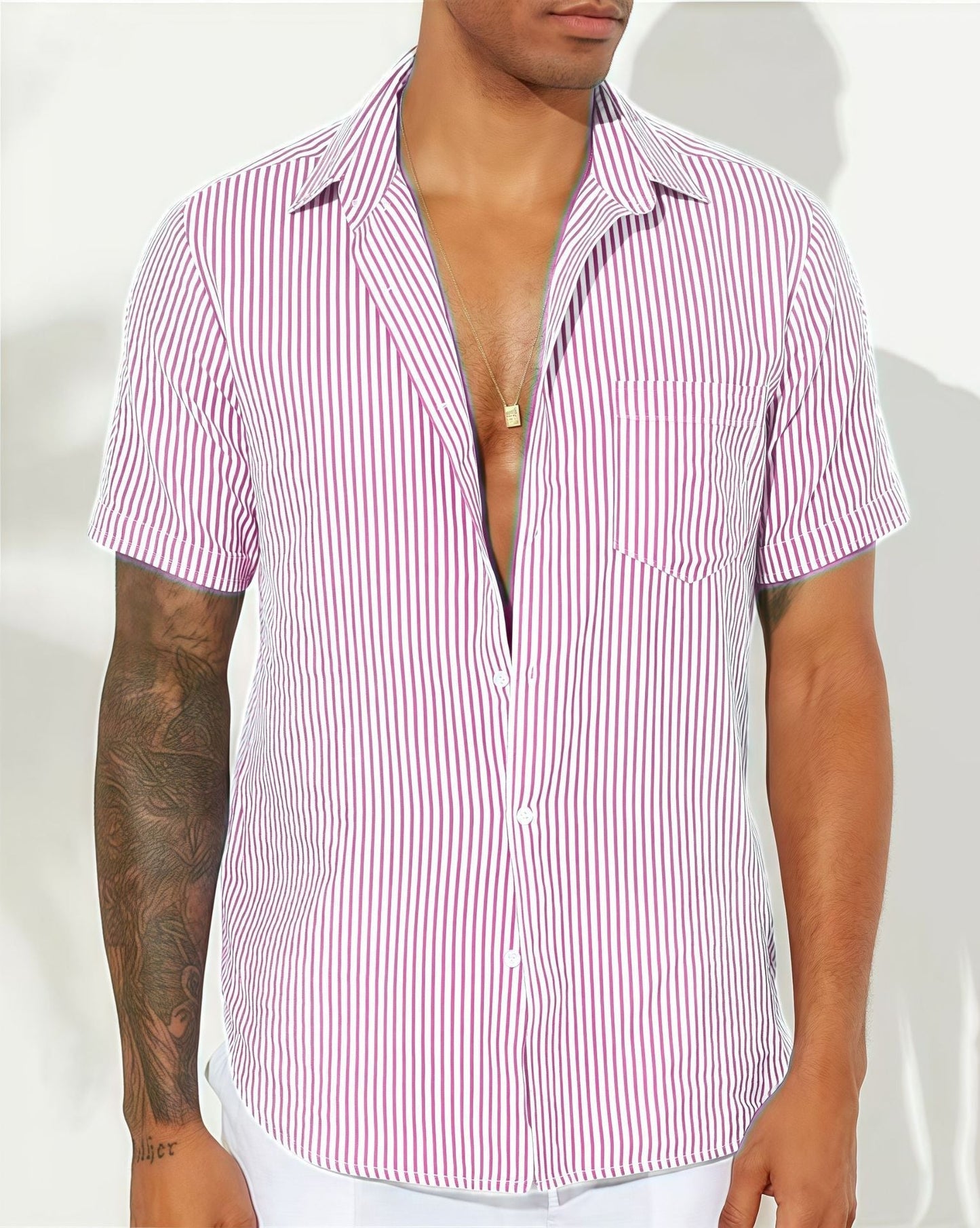 Couture-moda | Men’s Casual Shirt – Breathable Cotton Blend – Relaxed Fit – Short Sleeve – Vertical Stripes - Image 5