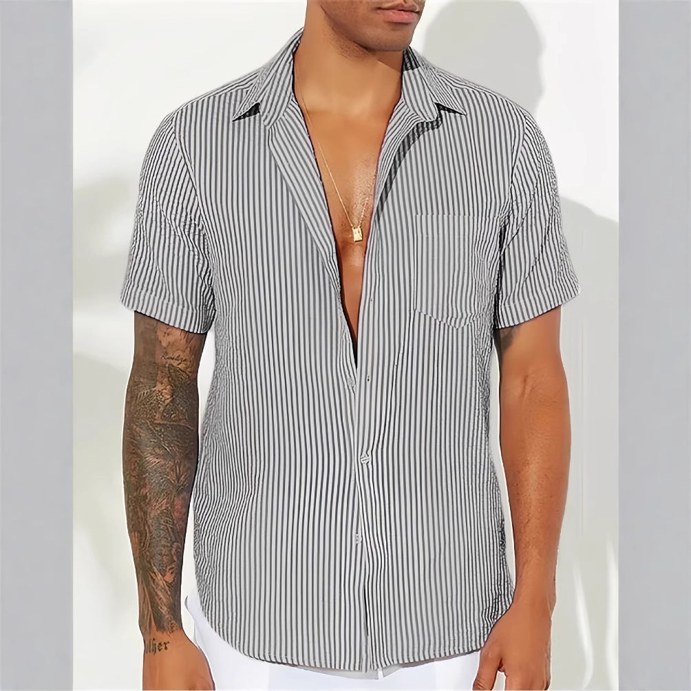Couture-moda | Men’s Casual Shirt – Breathable Cotton Blend – Relaxed Fit – Short Sleeve – Vertical Stripes - Image 1