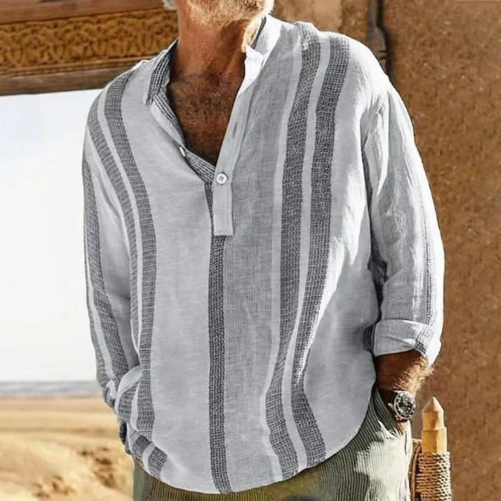 Rhys | Casual Striped Linen Shirt with Grandad Collar - Image 1