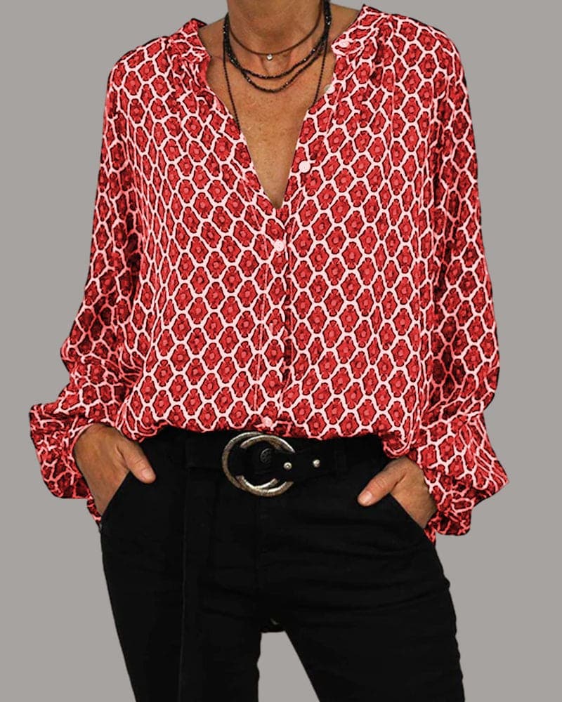 Brenda | Lightweight Geometric Print Blouse with V-neck - Image 4