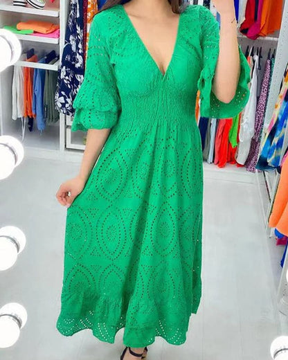 Brenda | High Waist Solid V-Neck Dress - Image 5