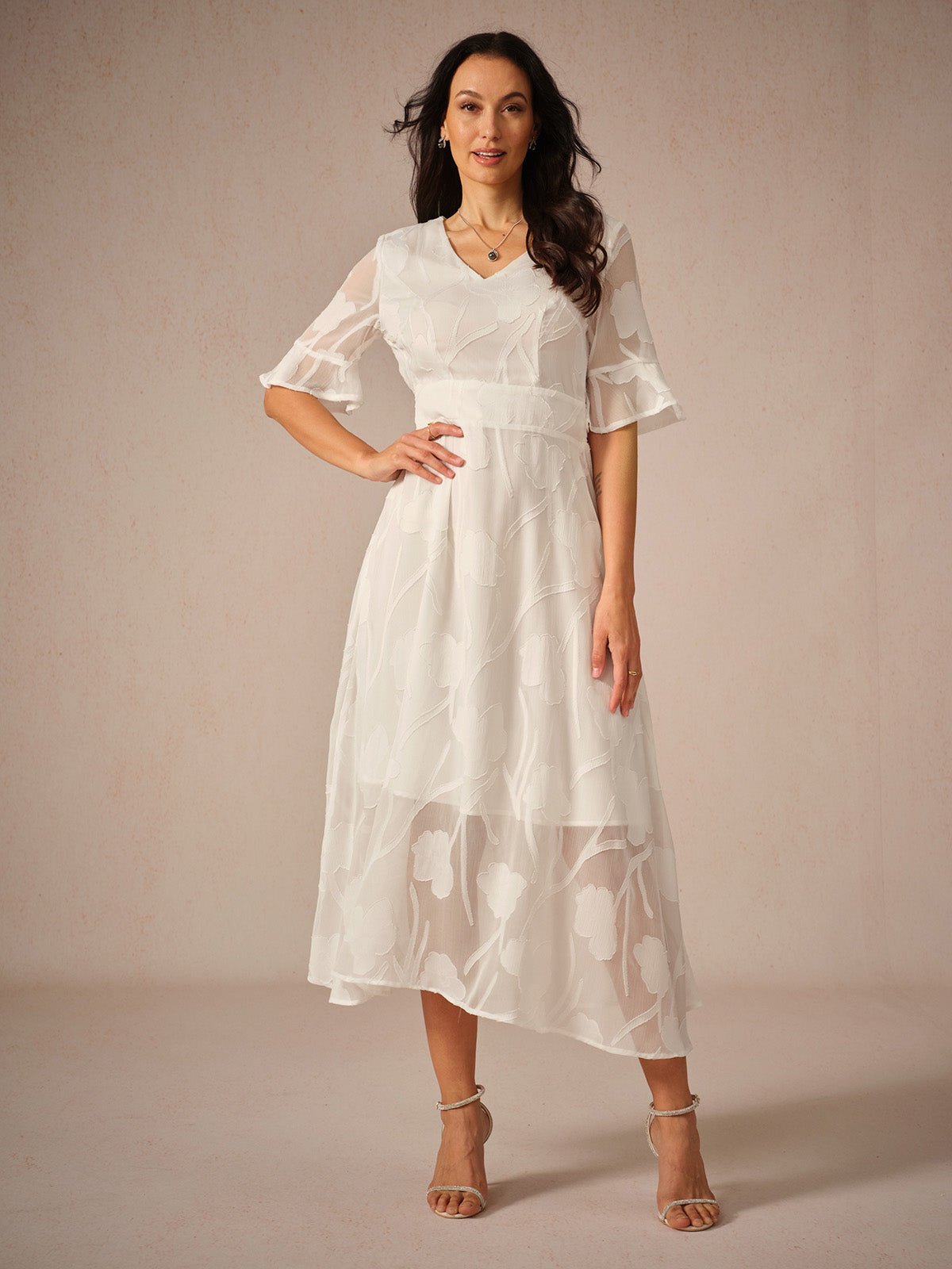 Couture-moda | Elegant Maxi Dress with Flutter Sleeves and Lace Detailing - Image 2