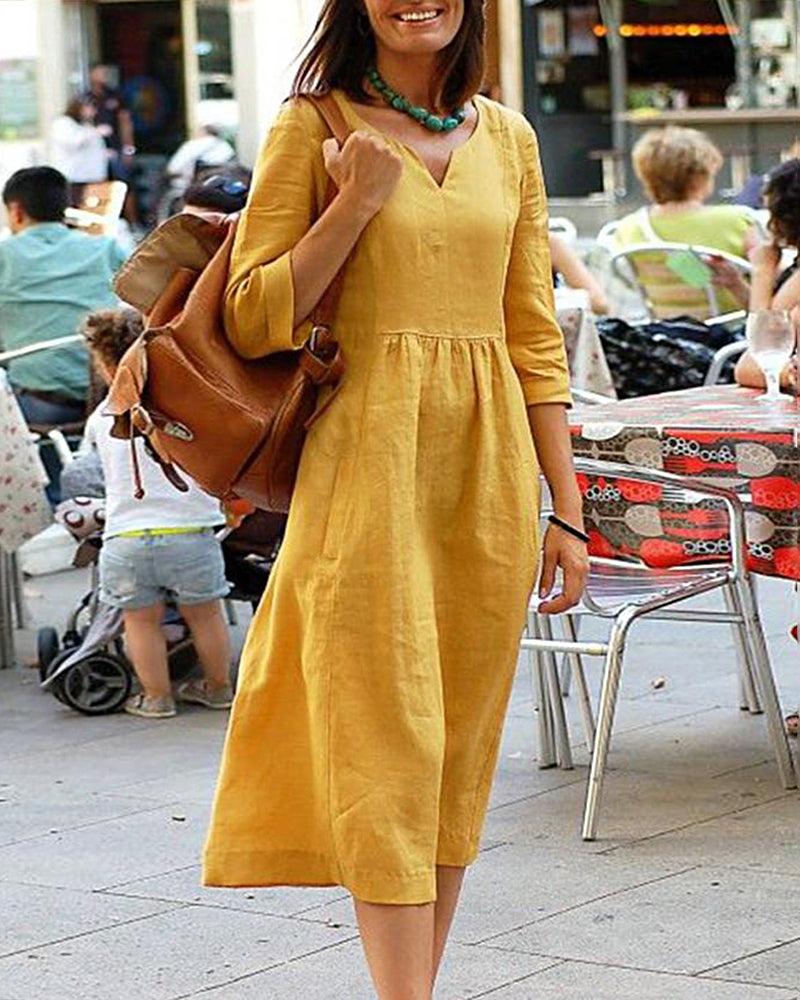 Courtney | Linen Blend Casual Midi Dress with V-Neck and Relaxed Fit - Image 2