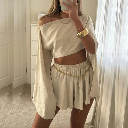 Margot | Women's Elegant Off-Shoulder Cropped Top and Ruffle Shorts Set - Image 2