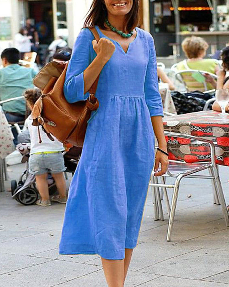 Courtney | Linen Blend Casual Midi Dress with V-Neck and Relaxed Fit - Image 4