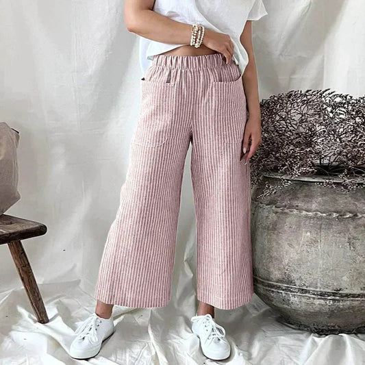 Devon | Stylish Women's Wide Leg Pants with Elastic Waist – Light, Striped & Comfortable for Everyday Wear - Image 1