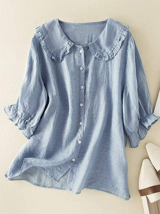 Lillian | Women's Stylish Cotton Linen Loose Ruffled Neck Shirt - Image 1