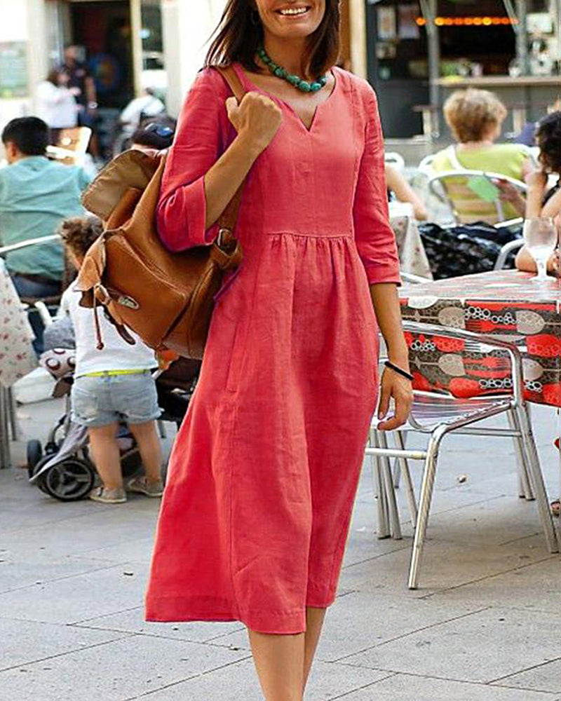 Courtney | Linen Blend Casual Midi Dress with V-Neck and Relaxed Fit - Image 3