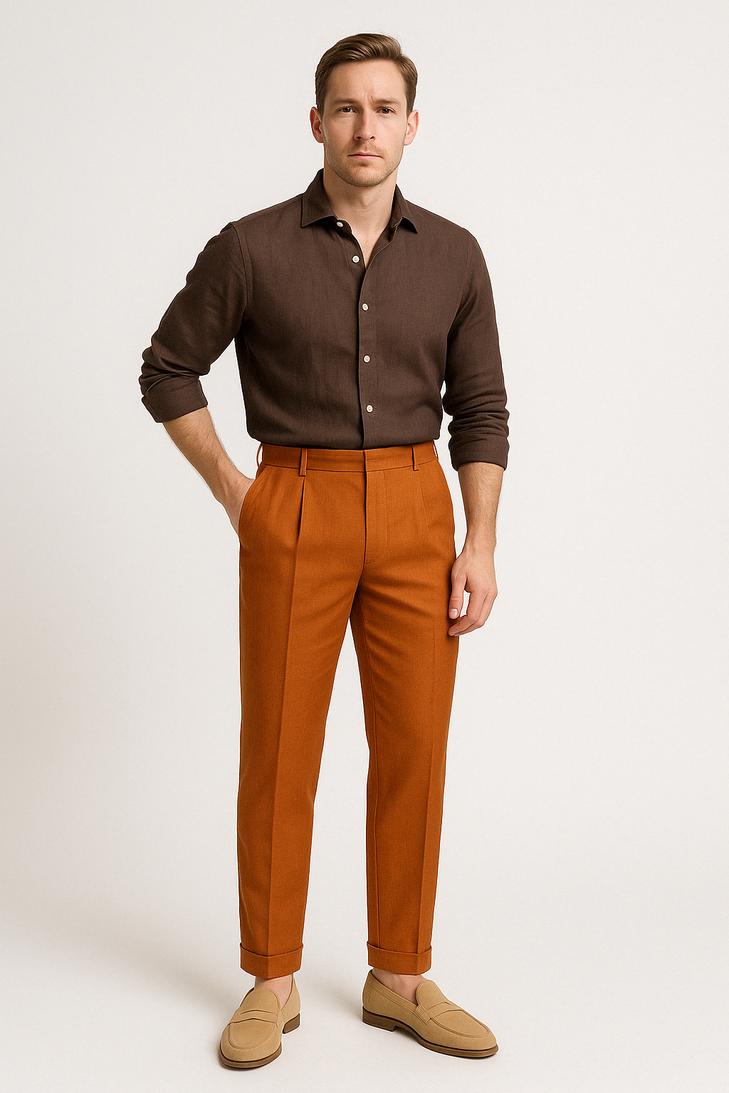 Wesley | Men's Tailored Trousers - Lightweight Linen - Flat Front Straight Leg Fit - Image 2