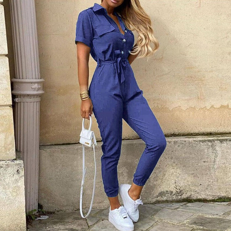 Reese | Lightweight Structured Fit Short Sleeve Jumpsuit With Button Closure - Image 8