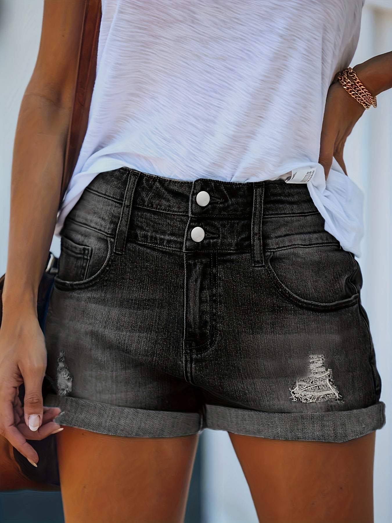 Couture-moda vivian | High Waist Distressed Cuffed Hem Denim Shorts - Image 3