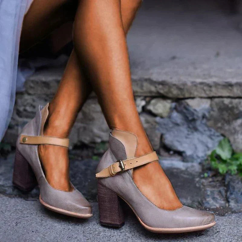 Dominique | Women's Elegant Block Heel Shoes - Ankle Strap - Closed Toe - Image 1