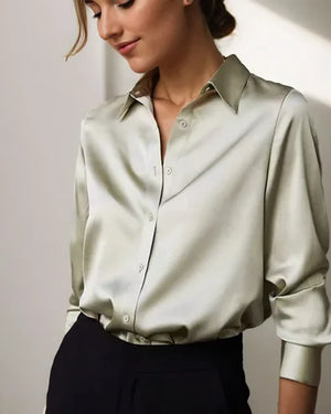 Olive | Elegant Fit Satin Blouse with Soft Sheen