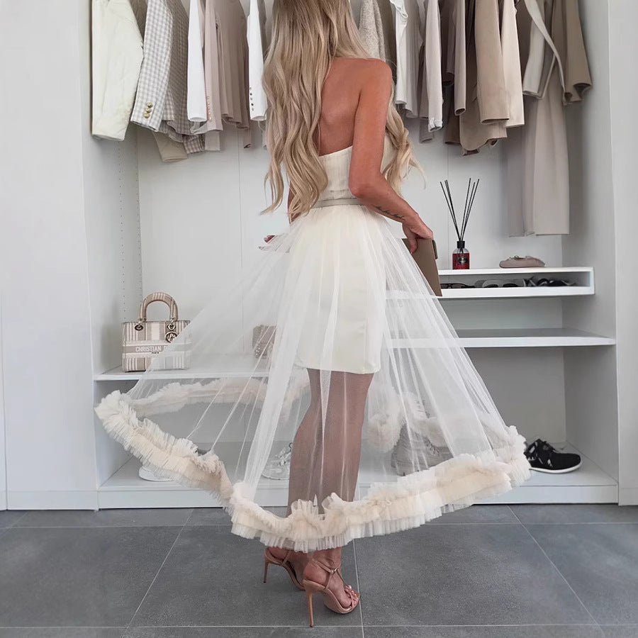 Couture-moda | Elegant Tulle Overlay Ruffle Hem Midi Dress - Image 3