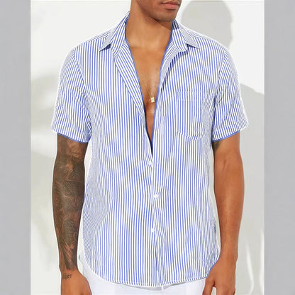 Couture-moda | Men’s Casual Shirt – Breathable Cotton Blend – Relaxed Fit – Short Sleeve – Vertical Stripes - Image 4
