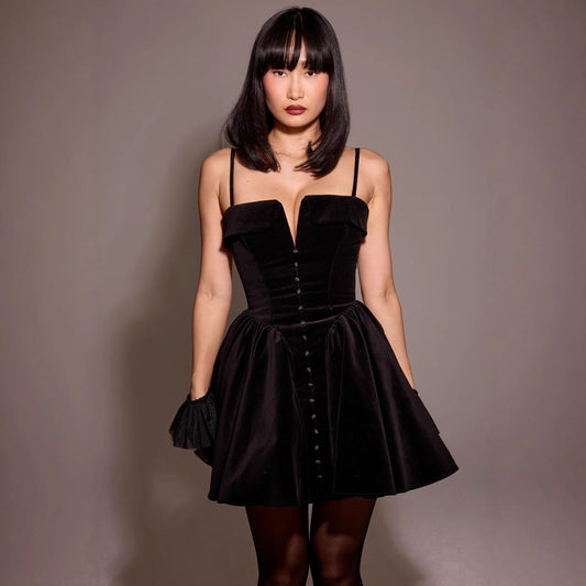 Alma-hansen | Elegant Velour Mini Dress with Deep V-Neck and Button Details - Image 1