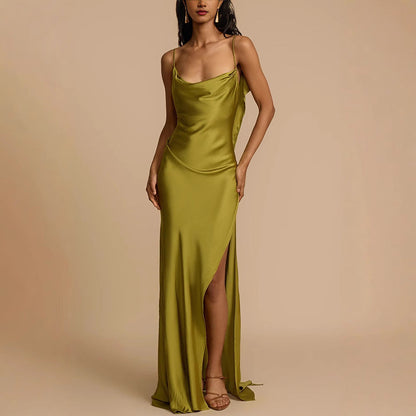Ava | Women’s Satin Slip Dress - Elegant Full Length with Cowl Neck and Side Slit - Image 1