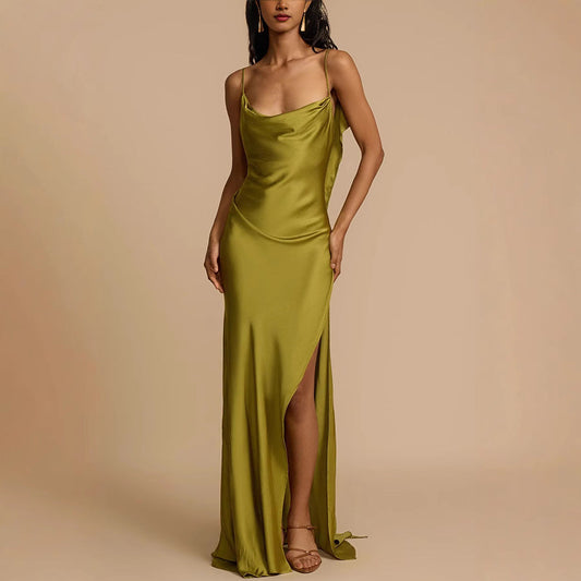 Ava | Women’s Satin Slip Dress - Elegant Full Length with Cowl Neck and Side Slit - Image 1