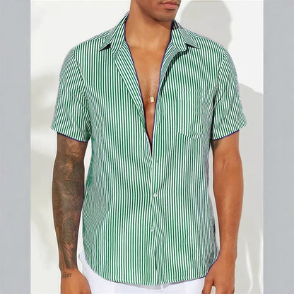 Couture-moda | Men’s Casual Shirt – Breathable Cotton Blend – Relaxed Fit – Short Sleeve – Vertical Stripes - Image 3