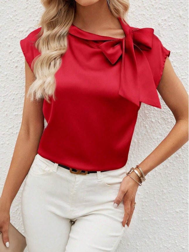 Bernice | Women’s Elegant Satin Blouse – Relaxed Fit, Bow Neck, Cap Sleeve - Image 3