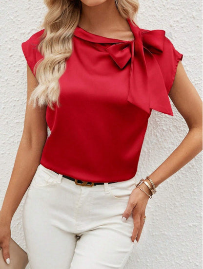 Bernice | Women’s Elegant Satin Blouse – Relaxed Fit, Bow Neck, Cap Sleeve - Image 3