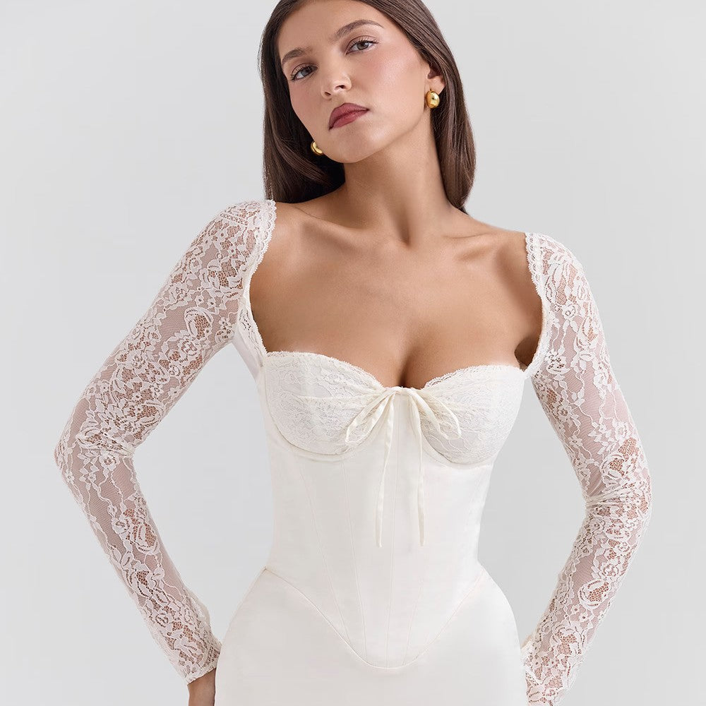 Regina | Women's Evening Long Dress - Satin Bodycon - Lace Sleeves - Sweetheart Neckline - Image 5