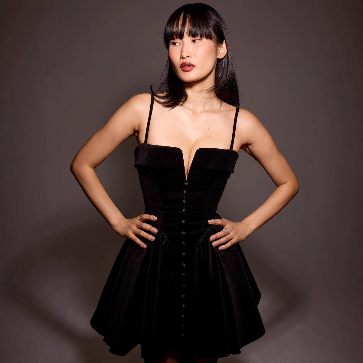 Alma-hansen | Elegant Velour Mini Dress with Deep V-Neck and Button Details - Image 2
