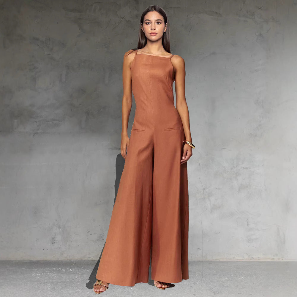Couture-moda | Women's Jumpsuit - Sleeveless - Wide Leg - Relaxed Fit - Cotton Linen Blend - Image 1