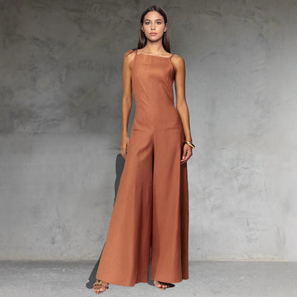 Couture-moda | Women's Jumpsuit - Sleeveless - Wide Leg - Relaxed Fit - Cotton Linen Blend - Image 1