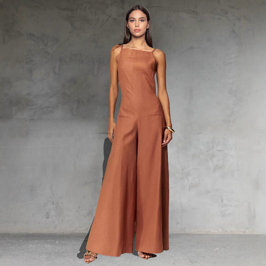 Couture-moda | Women's Jumpsuit - Sleeveless - Wide Leg - Relaxed Fit - Cotton Linen Blend - Image 1