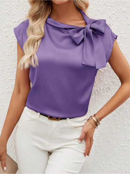 Bernice | Women’s Elegant Satin Blouse – Relaxed Fit, Bow Neck, Cap Sleeve - Image 2