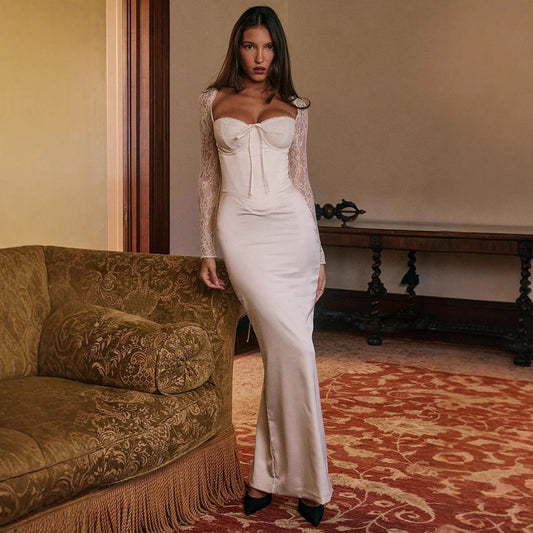 Regina | Women's Evening Long Dress - Satin Bodycon - Lace Sleeves - Sweetheart Neckline - Image 1