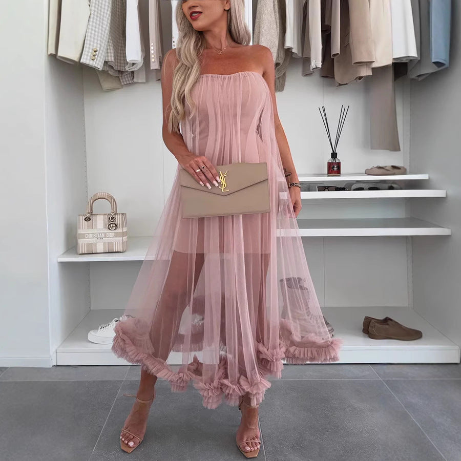 Couture-moda | Elegant Tulle Overlay Ruffle Hem Midi Dress - Image 1