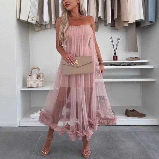 Couture-moda | Elegant Tulle Overlay Ruffle Hem Midi Dress - Image 1