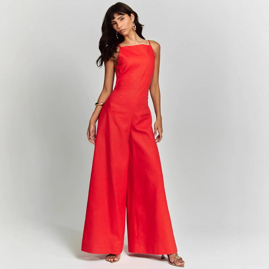 Couture-moda | Women's Jumpsuit - Sleeveless - Wide Leg - Relaxed Fit - Cotton Linen Blend - Image 3