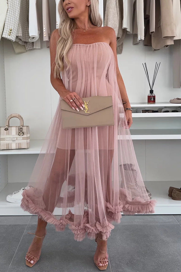 Couture-moda | Elegant Tulle Overlay Ruffle Hem Midi Dress - Image 4