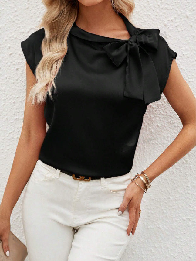 Bernice | Women’s Elegant Satin Blouse – Relaxed Fit, Bow Neck, Cap Sleeve - Image 5