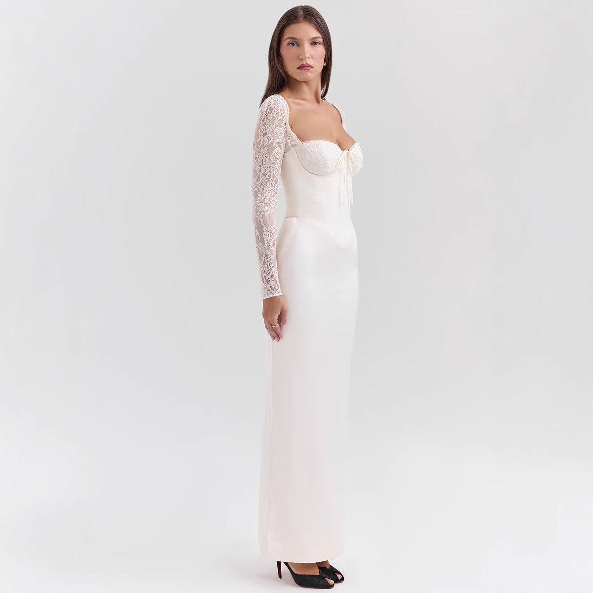 Regina | Women's Evening Long Dress - Satin Bodycon - Lace Sleeves - Sweetheart Neckline - Image 4