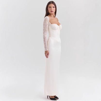 Regina | Women's Evening Long Dress - Satin Bodycon - Lace Sleeves - Sweetheart Neckline - Image 4