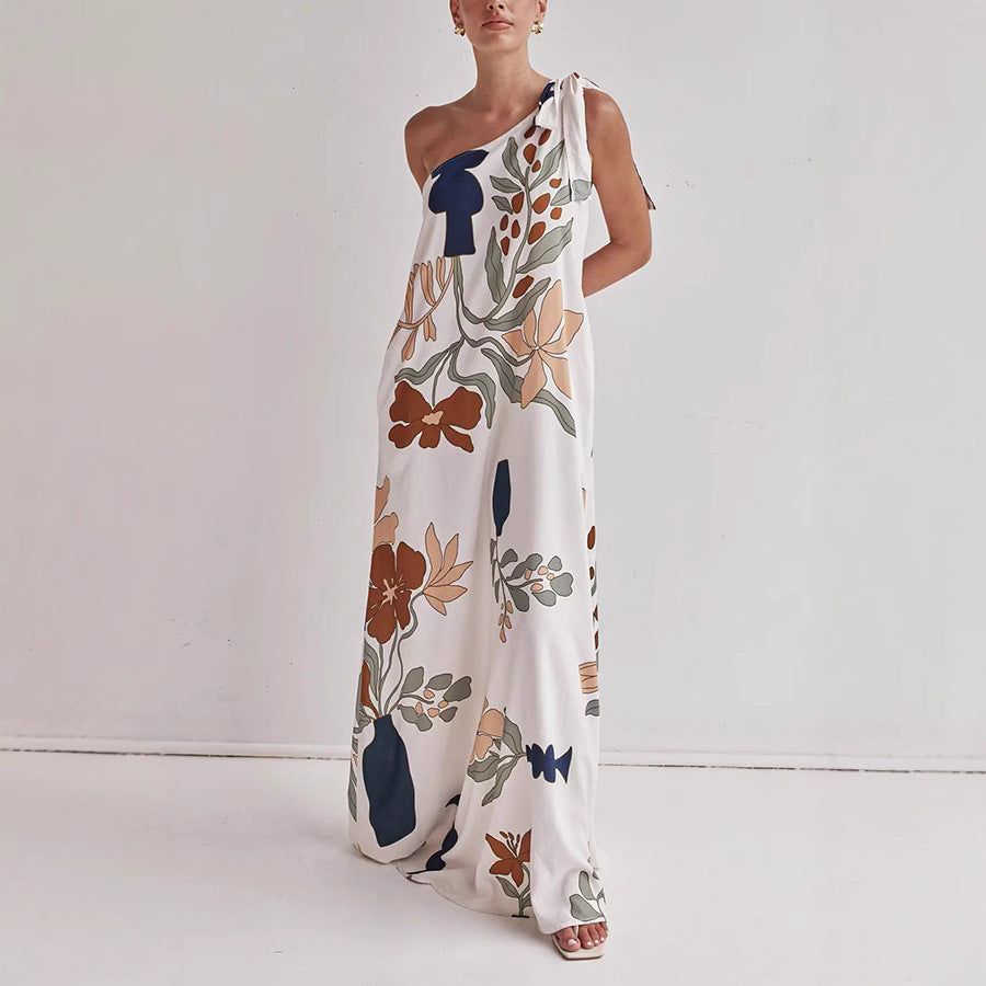Katherine | Flowy Cotton One-Shoulder Dress – Loose Fit – Bold Print - Image 1