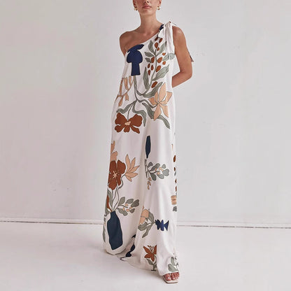 Katherine | Flowy Cotton One-Shoulder Dress – Loose Fit – Bold Print - Image 1