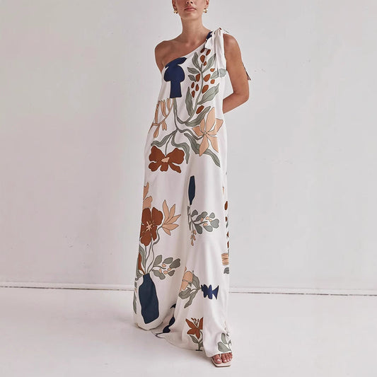 Katherine | Flowy Cotton One-Shoulder Dress – Loose Fit – Bold Print - Image 1